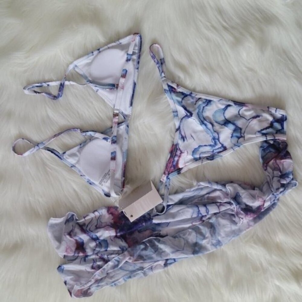 NEW Blue White Purple 3 Piece Marble Watercolor Sexy Bikini Set Size Large - Picture 5 of 7